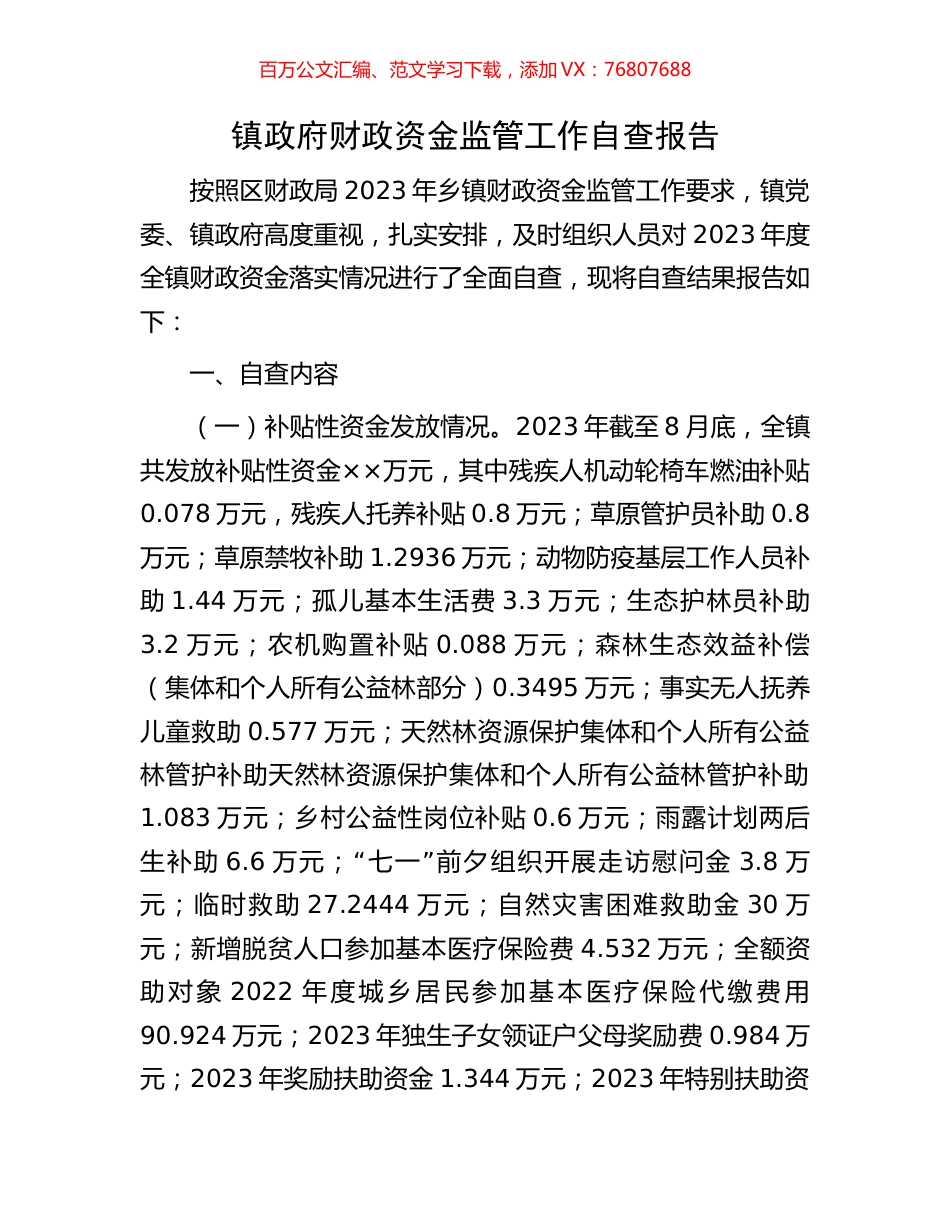 镇政府财政资金监管工作自查报告.docx_第1页
