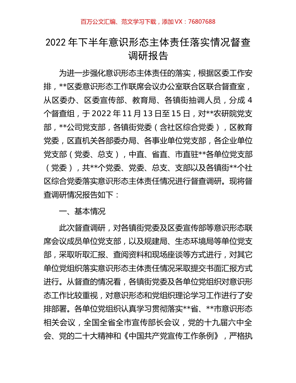 2022年下半年意识形态主体责任落实情况督查调研报告.docx_第1页