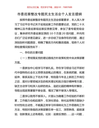 市委巡察整改专题民主生活会个人发言提纲.docx