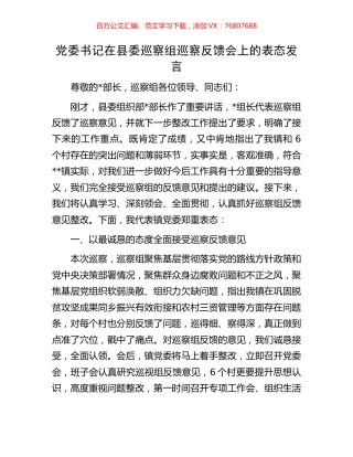 党委书记在县委巡察组巡察反馈会上的表态发言.docx