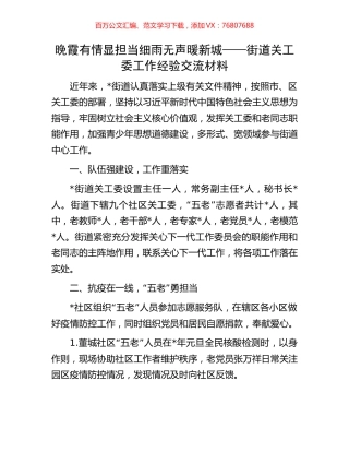 晚霞有情显担当 细雨无声暖新城 ——街道关工委工作经验交流材料.docx