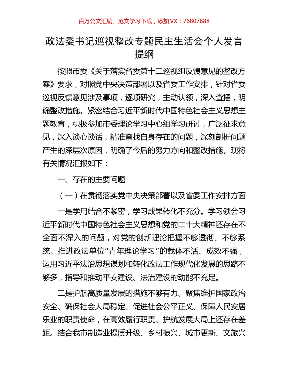 政法委书记巡视整改专题民主生活会个人发言提纲.docx_第1页