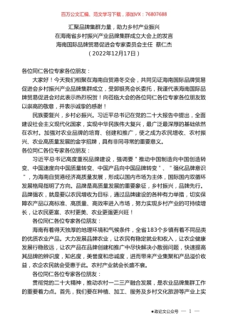海南国际品牌贸易促进会专家委员会主任蔡仁杰：在海南省乡村振兴产业品牌集群成立大会上的发言.doc