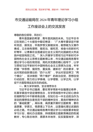 市交通运输局在2024年青年理论学习小组工作座谈会上的交流发言.docx