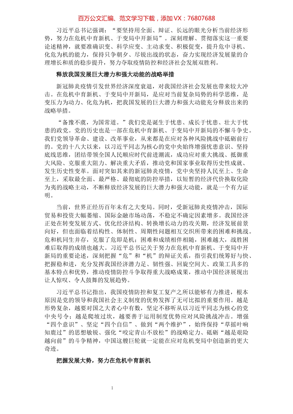 经济高质量发展主题发言：提升化危为机能力 推动经济高质量发展.docx_第1页