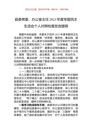 县委常委、办公室主任2023年度专题民主生活会个人对照检查发言提纲.docx