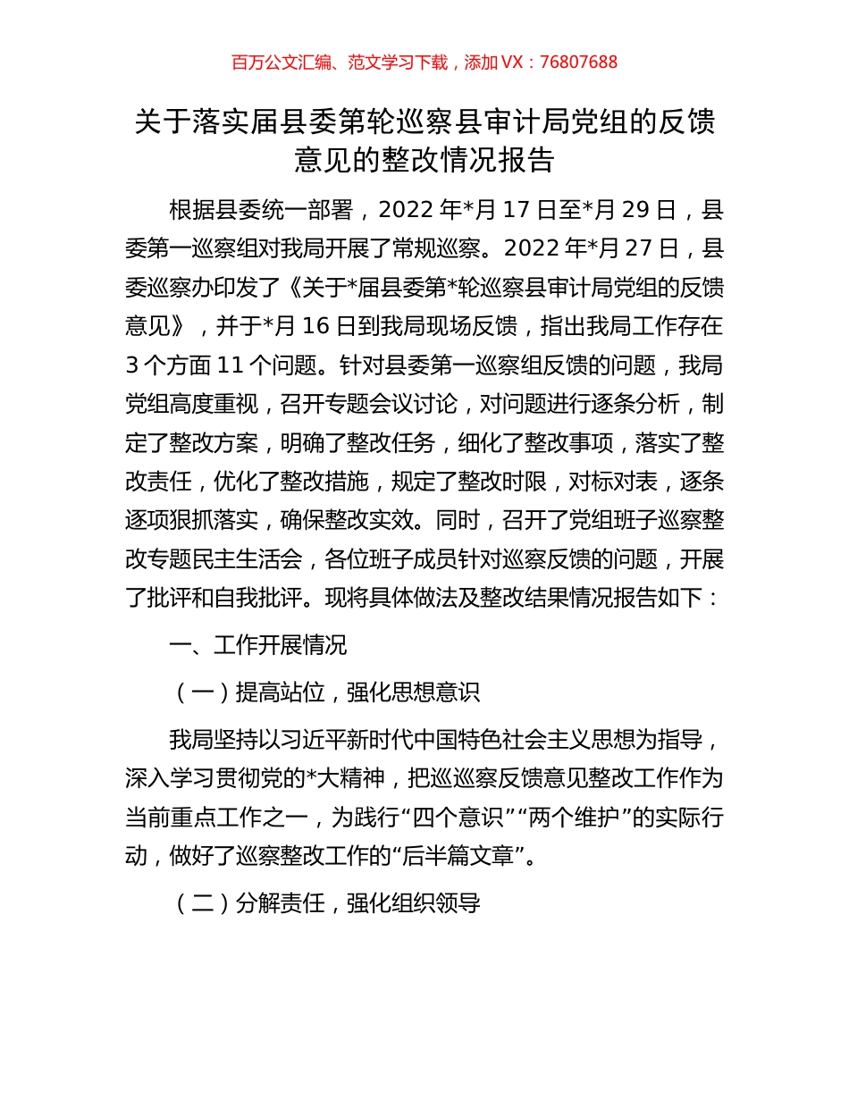 关于落实届县委第轮巡察县审计局党组的反馈意见的整改情况报告.docx_第1页