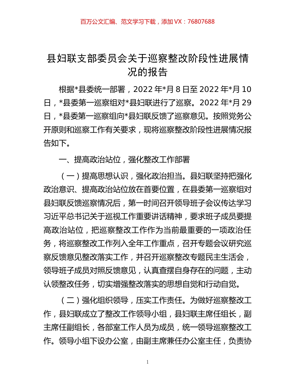 县妇联支部委员会关于巡察整改阶段性进展情况的报告.docx_第1页