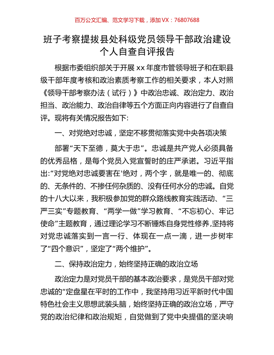 班子考察提拔县处科级党员领导干部政治建设个人自查自评报告.docx_第1页