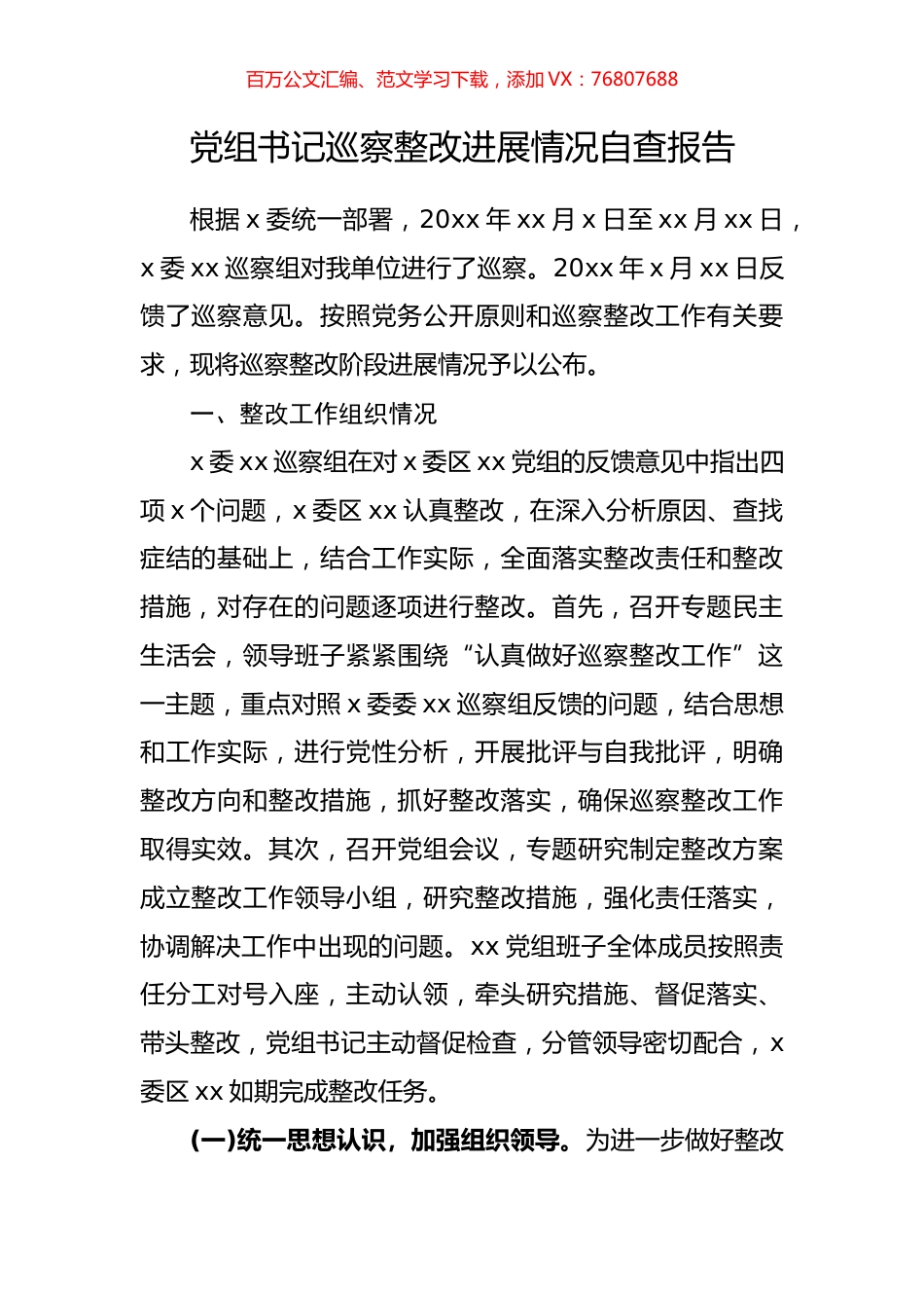 党组书记巡察整改进展情况自查报告.docx_第1页