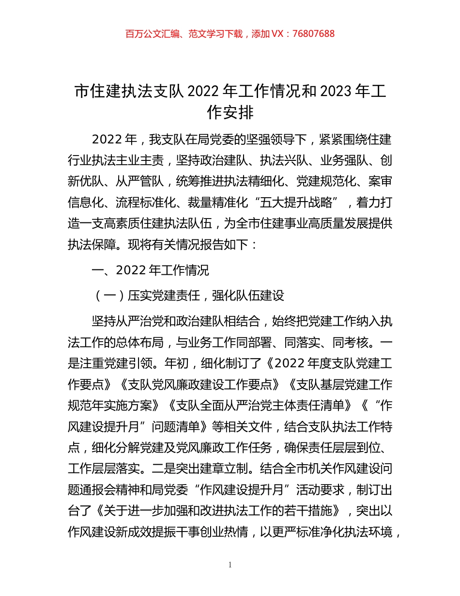 -市住建执法支队2022年工作情况和2023年工作安排.docx_第1页