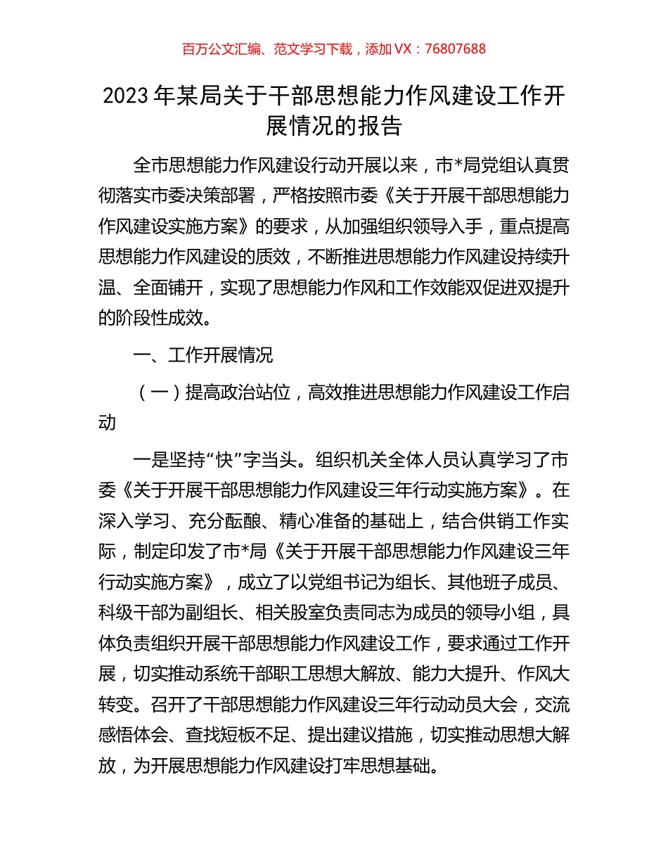 2023年某局关于干部思想能力作风建设工作开展情况的报告.docx_第1页