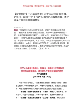 中共盐城市委：关于大力锻造“看得出、站得出、豁得出”的干部队伍 加快形成激情澎湃、勇立潮头干事创业氛围的意见.docx