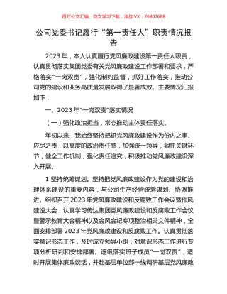公司党委书记履行“第一责任人”职责情况报告.docx