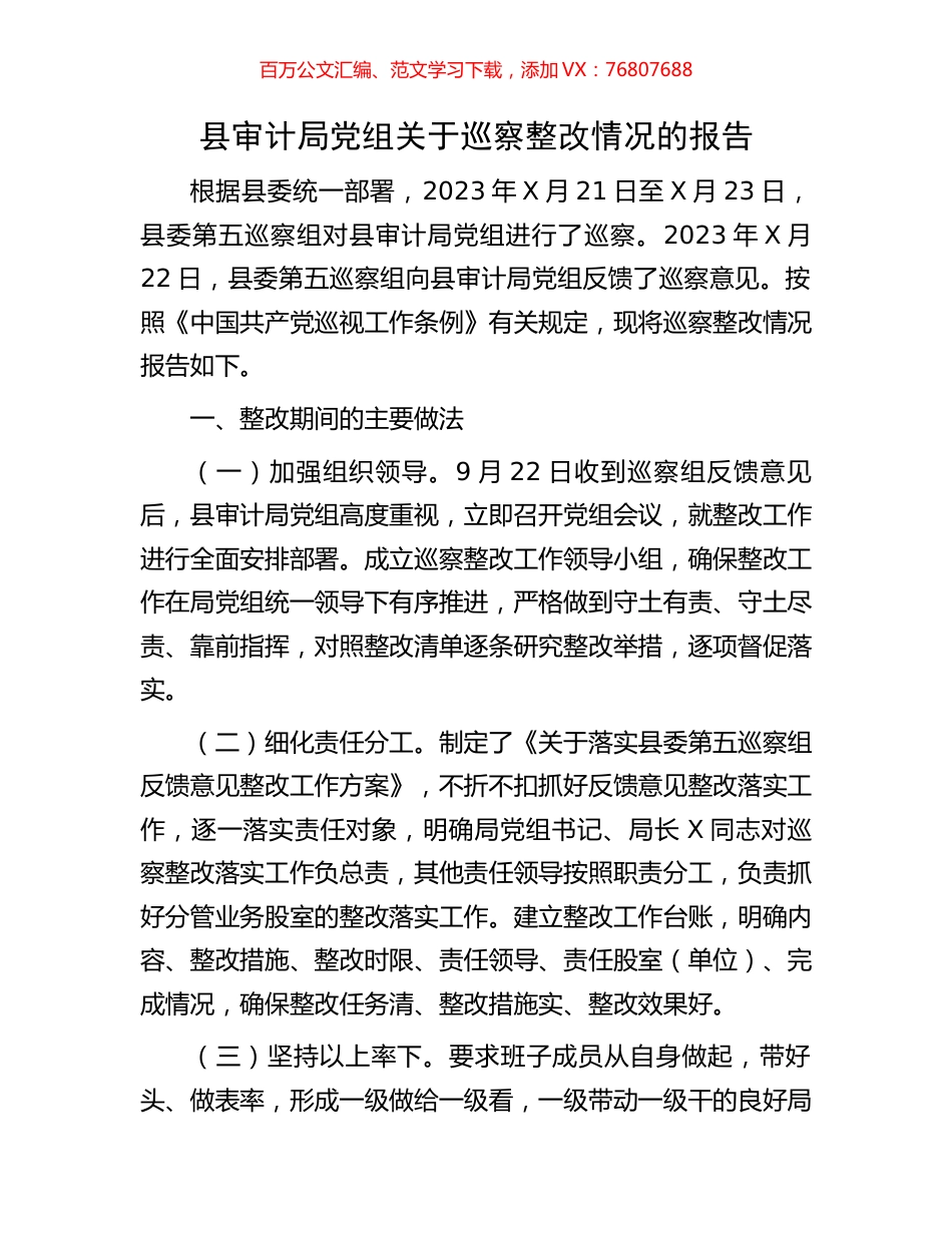 县审计局党组关于巡察整改情况的报告.docx_第1页
