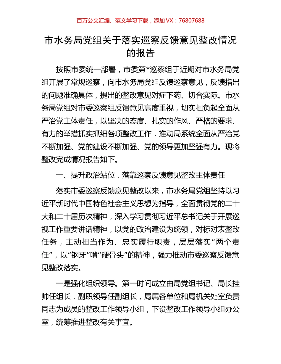 市水务局党组关于落实巡察反馈意见整改情况的报告.docx_第1页