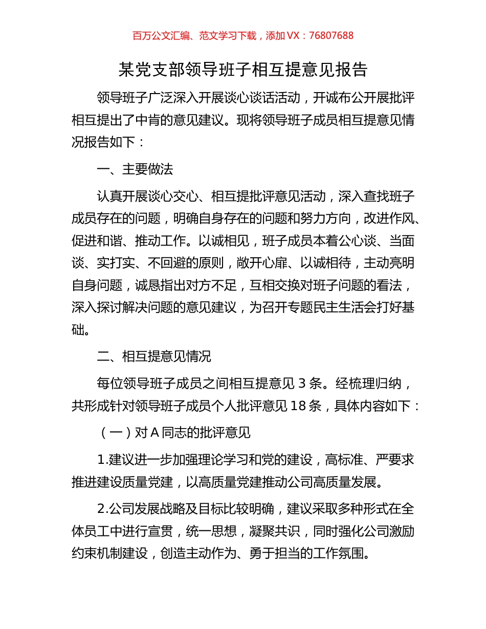 某党支部领导班子相互提意见报告.docx_第1页