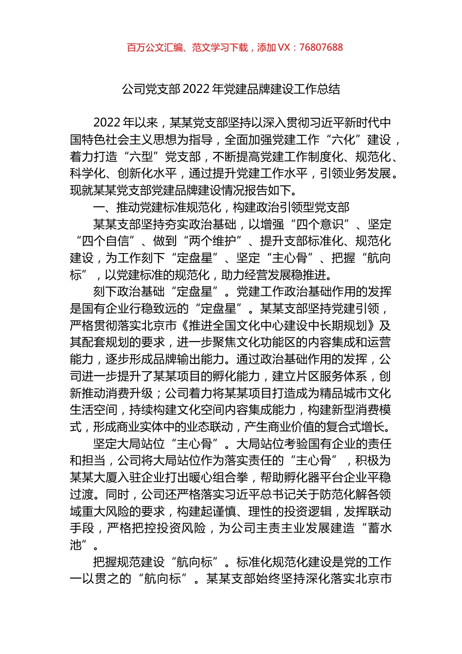 公司党支部2022年党建品牌建设工作总结.docx_第1页