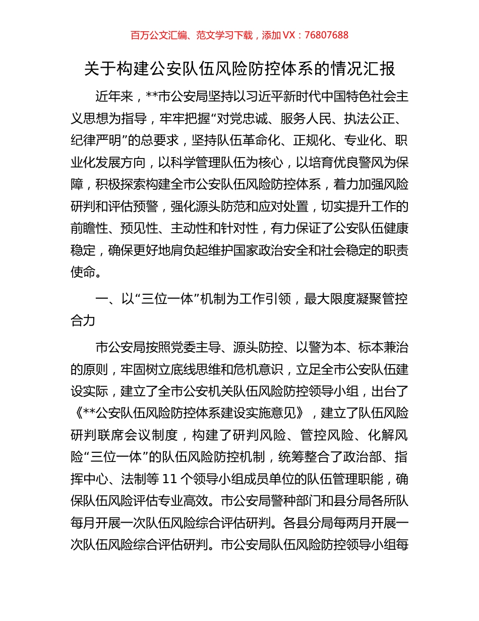 关于构建公安队伍风险防控体系的情况汇报.docx_第1页