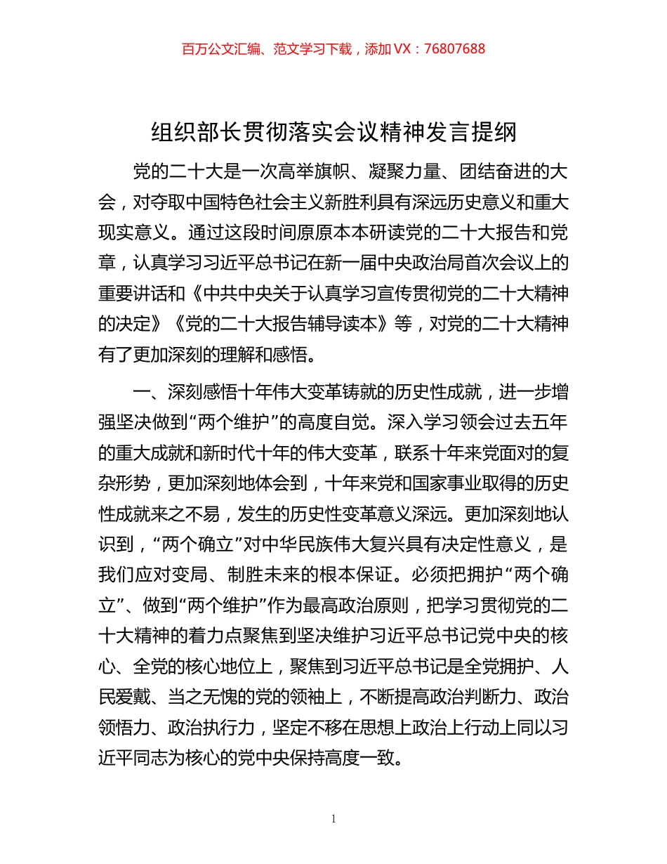 20221119-组织部长贯彻落实会议精神发言提纲.docx_第1页