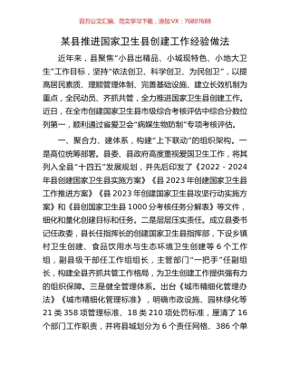 某县推进国家卫生县创建工作经验做法.docx