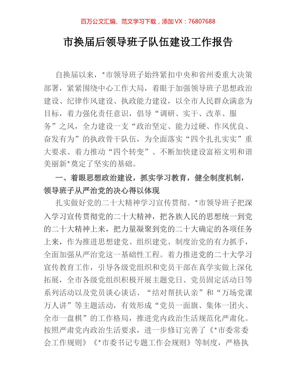 市换届后领导班子队伍建设工作报告 (2).docx_第1页