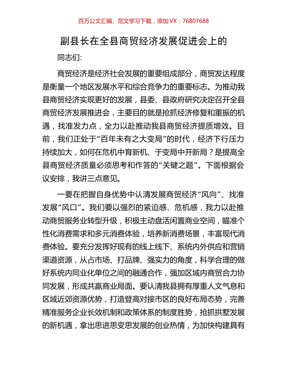 副县长在全县商贸经济发展促进会上的.docx_第1页