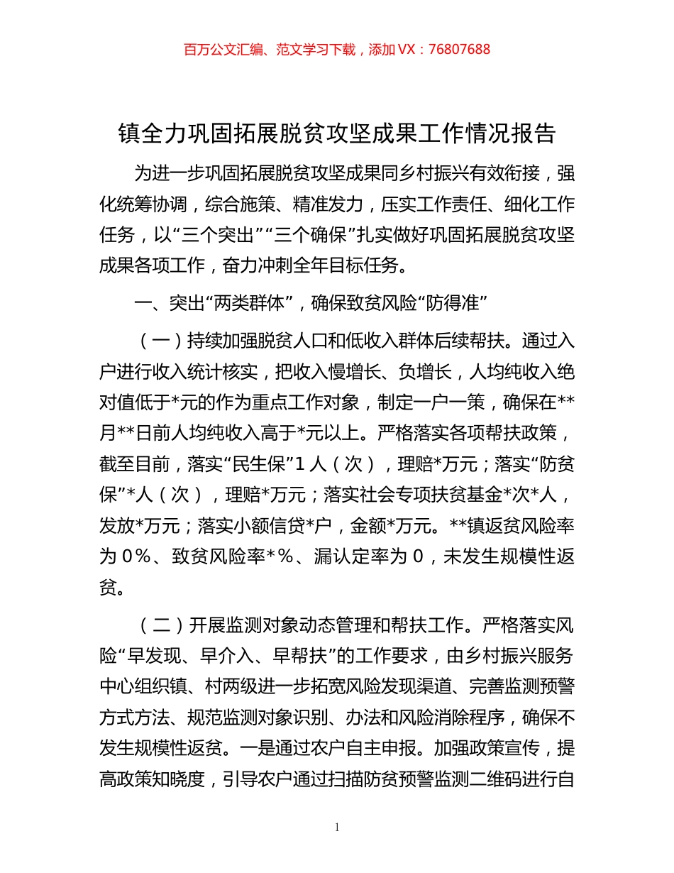-镇全力巩固拓展脱贫攻坚成果工作情况报告.docx_第1页