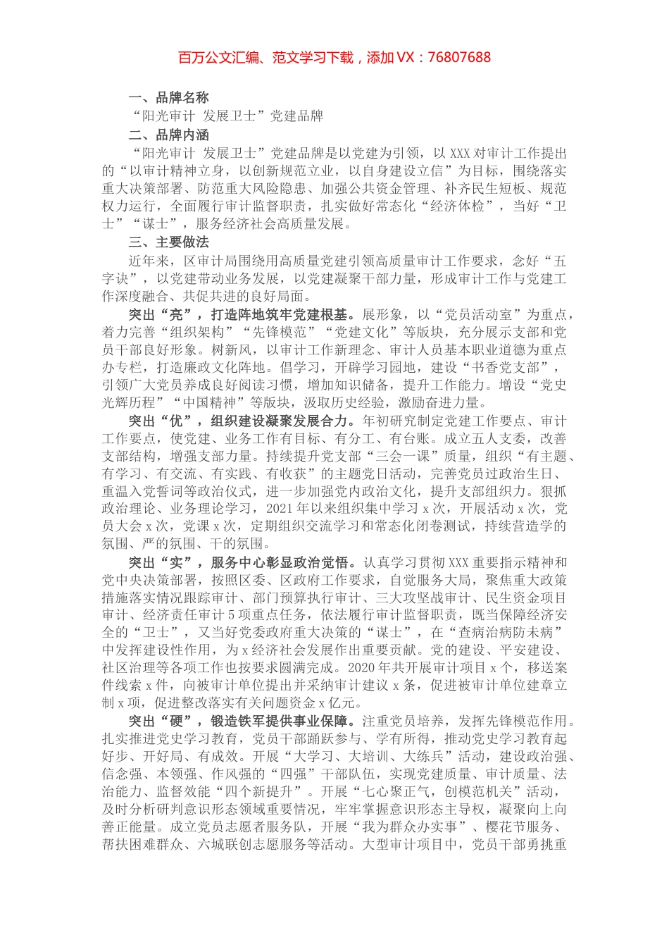 党建品牌创建工作材料：阳光审计 发展卫士（区审计局）.docx_第1页