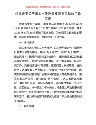 领导班子关于落实市委巡察反馈意见整改工作方案.docx