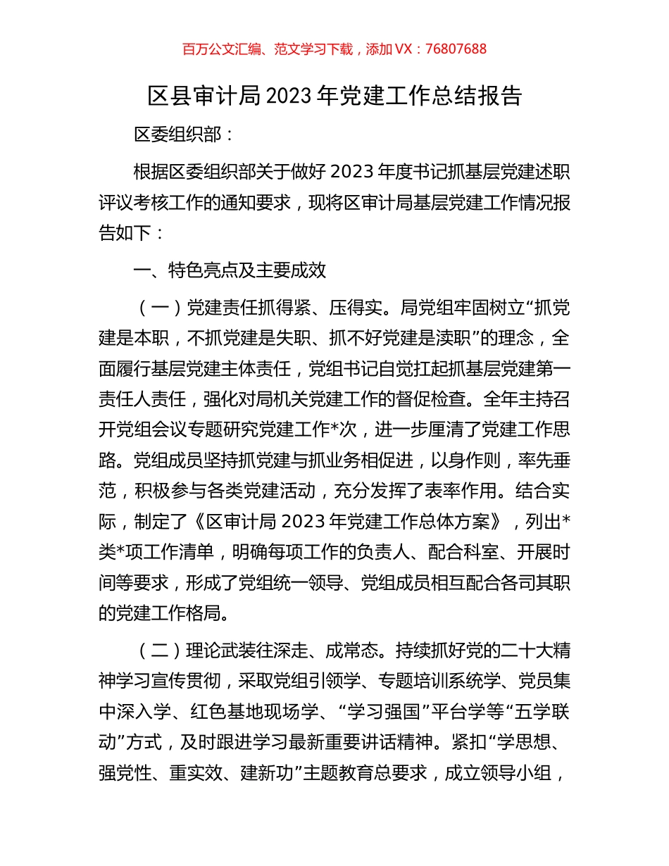 区县审计局2023年党建工作总结报告.docx_第1页