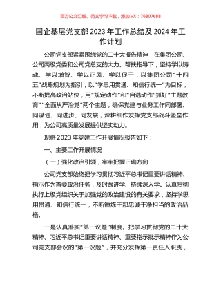 国企基层党支部2023年工作总结及2024年工作计划.docx