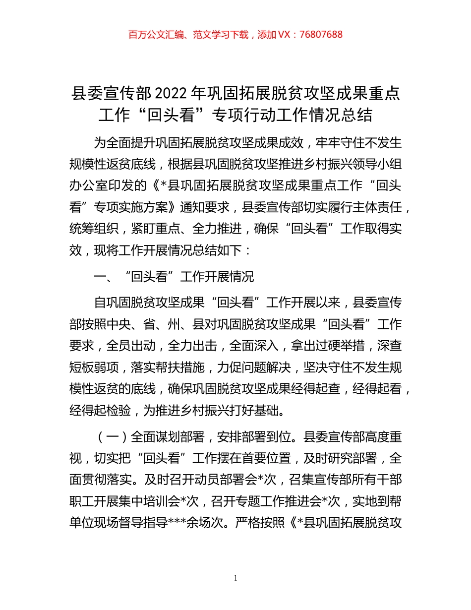 -县委宣传部2022年巩固拓展脱贫攻坚成果重点工作“回头看”专项行动工作情况总结.docx_第1页