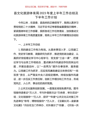 县文化旅游体育局2023年度上半年工作总结及下半年工作计划.docx