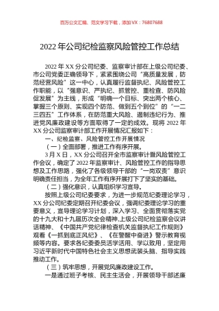 2022年公司纪检监察风险管控工作总结.docx