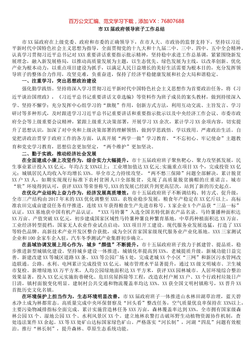 市XX届政府领导班子工作总结.docx_第1页