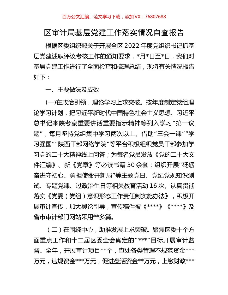 区审计局基层党建工作落实情况自查报告.docx_第1页