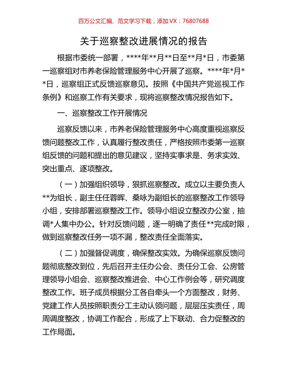 关于巡察整改进展情况的报告.docx_第1页