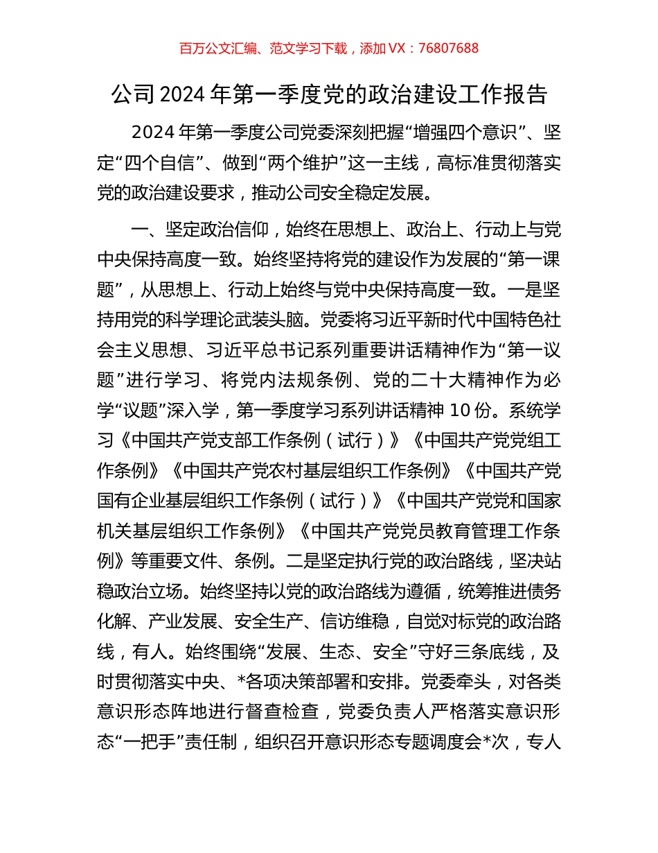 公司2024年第一季度党的政治建设工作报告.docx_第1页