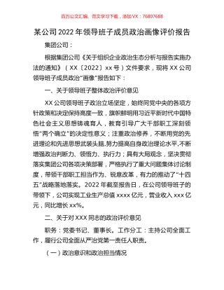 某公司2022年领导班子成员政治画像评价报告.docx