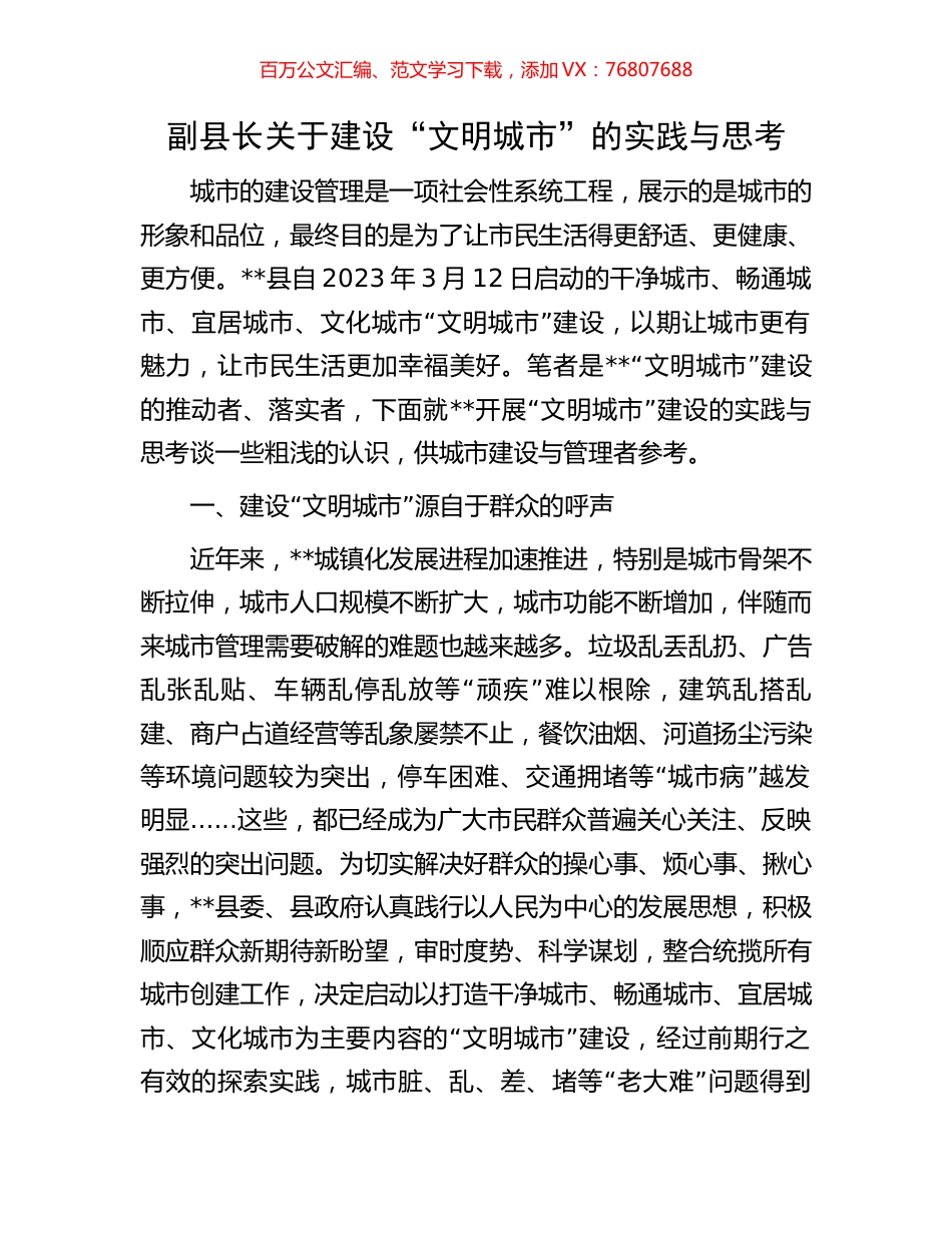 副县长关于建设“文明城市”的实践与思考.docx_第1页