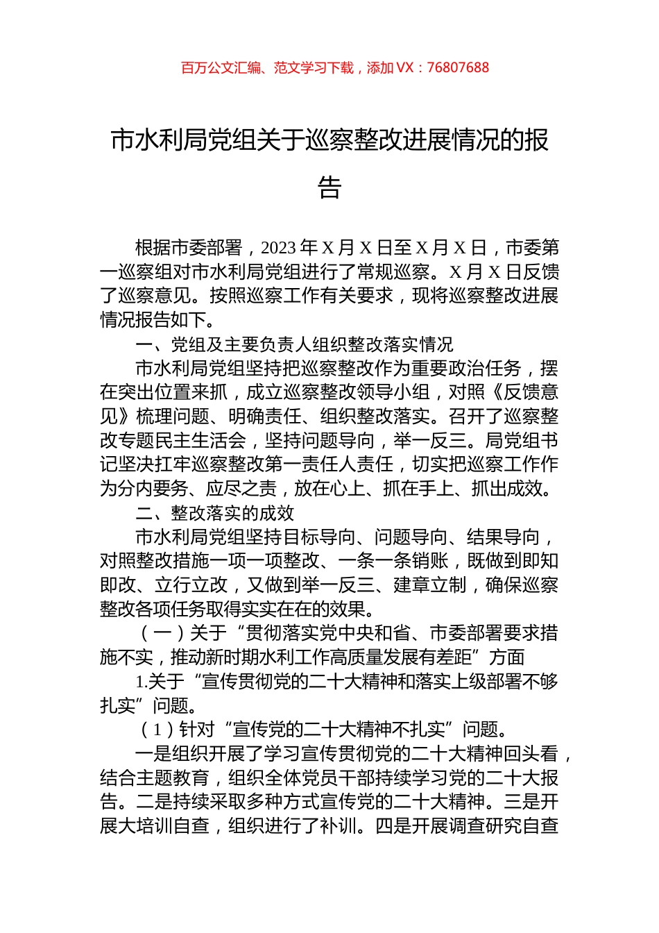 市水利局党组关于巡察整改进展情况的报告.docx_第1页