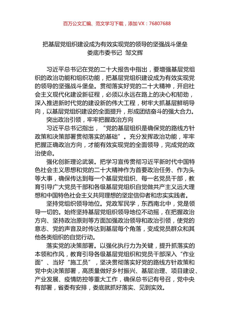 娄底市委书记邹文辉：把基层党组织建设成为有效实现党的领导的坚强战斗堡垒.docx_第1页