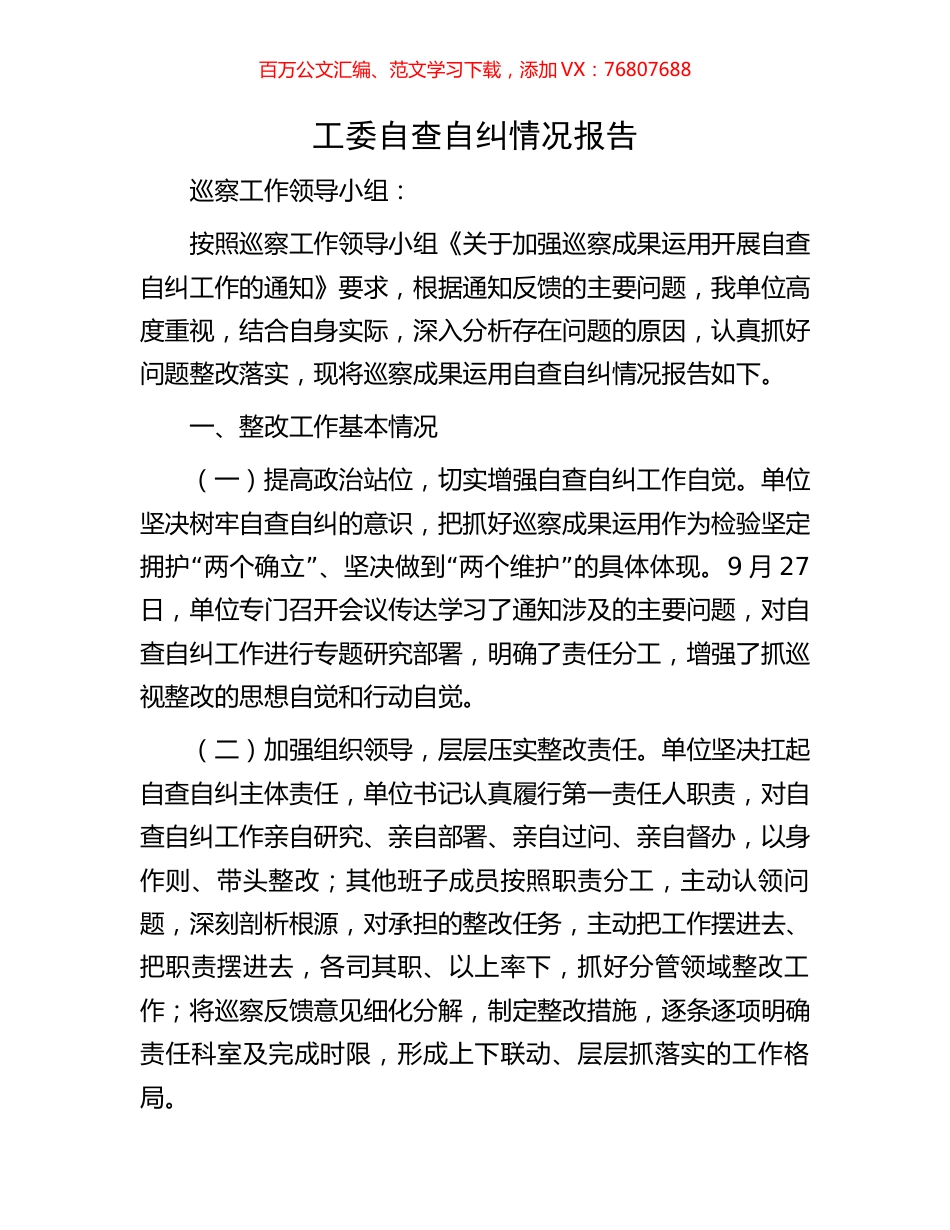 工委自查自纠情况报告.docx_第1页