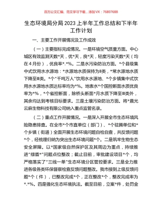 生态环境局分局2023上半年工作总结和下半年工作计划.docx
