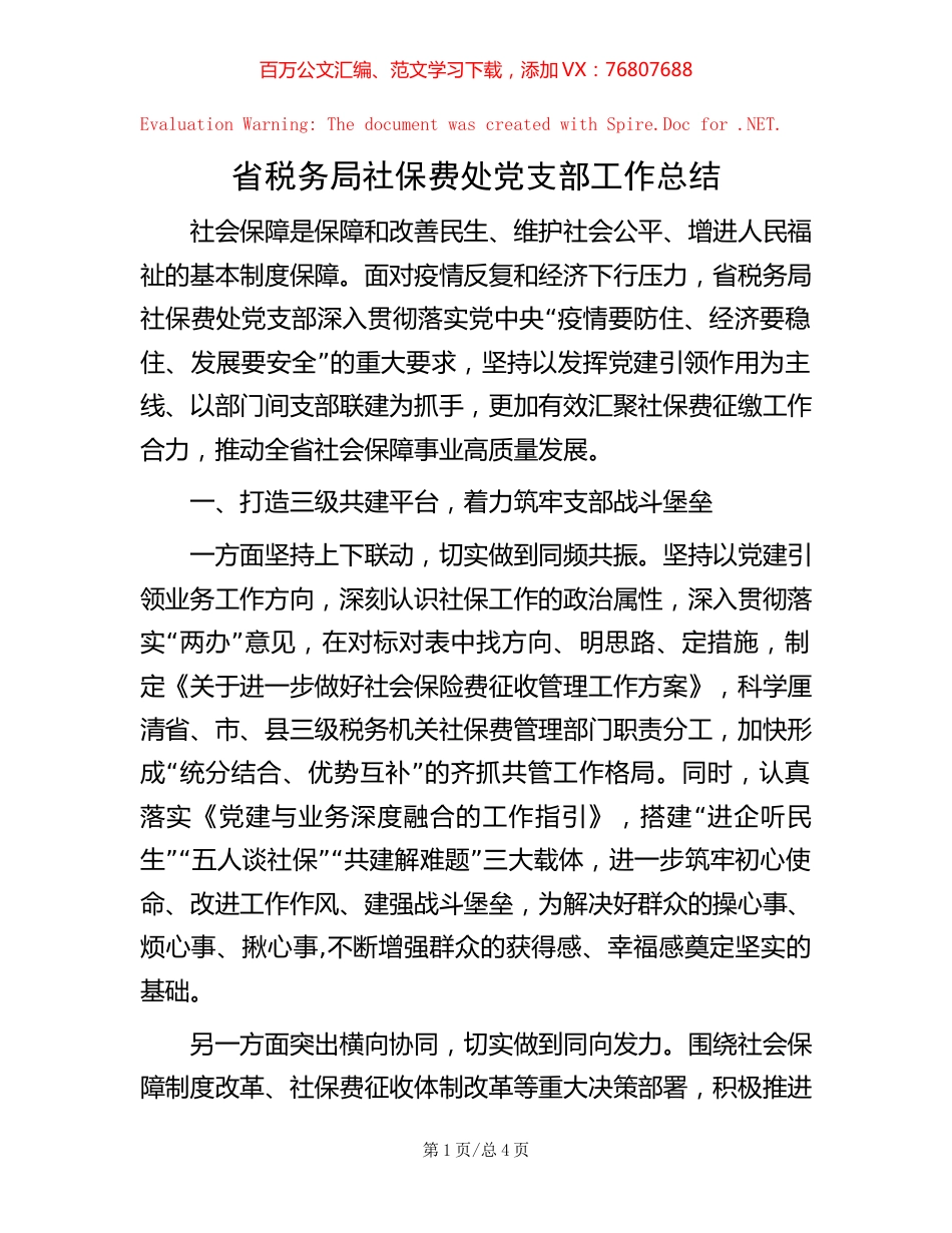 省税务局社保费处党支部工作总结.docx_第1页