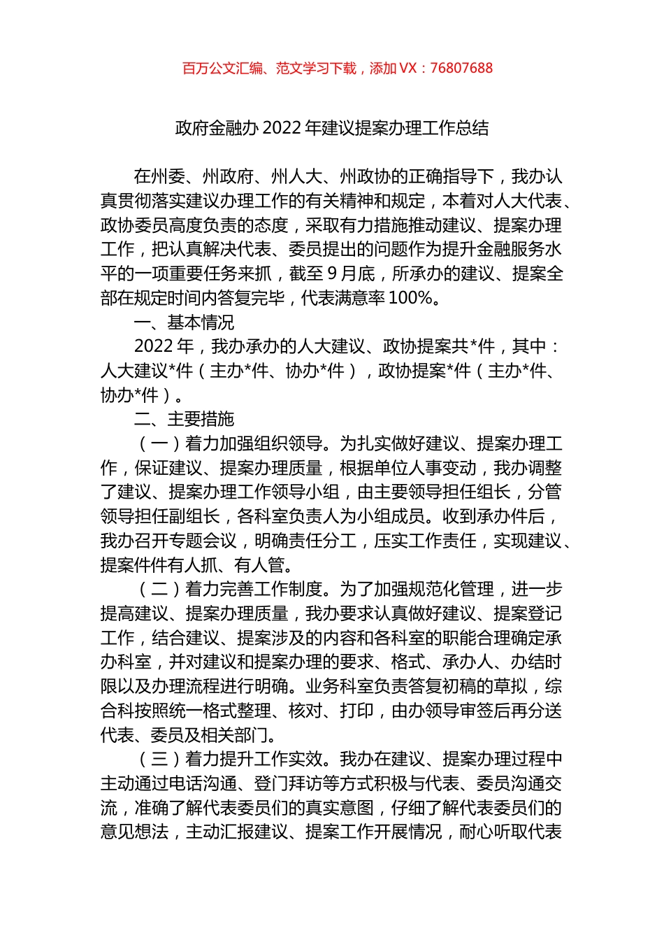 政府金融办2022年建议提案办理工作总结.docx_第1页