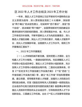 区2022年人才工作总结及2023年工作计划.docx