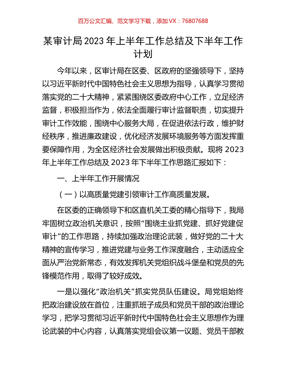 某审计局2023年上半年工作总结及下半年工作计划.docx_第1页