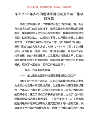某市2022年乡村治理体系建设试点示范工作总结报告.docx